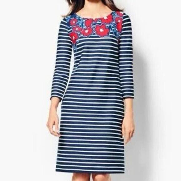 Talbots Dresses & Skirts - Talbots Size L Petite Blue & White Stripe Shift Dress Red Floral Neck 3/4 Sleeve
